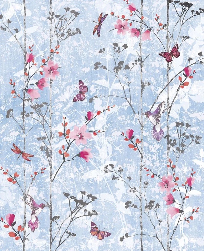 Фотообои и фрески на стену - шинуазри, сад, красные цветы, бабочки, на голубом фоне