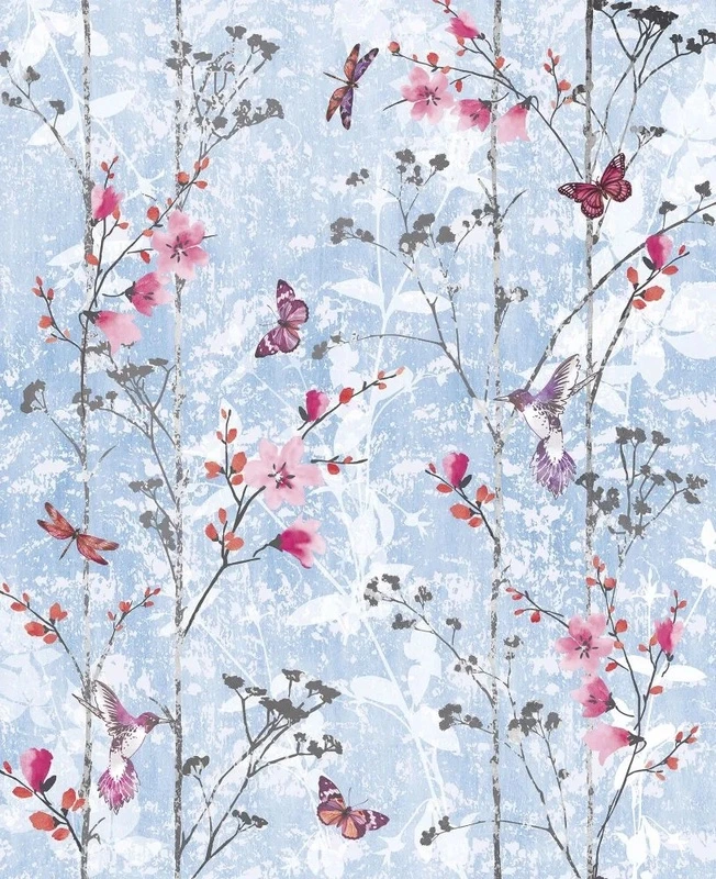 Фотообои и фрески на стену - шинуазри, сад, красные цветы, бабочки, на голубом фоне