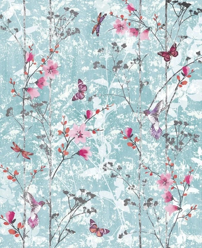 Фотообои на стену - шинуазри, сад, красные цветы, бабочки, на бирюзовом фоне