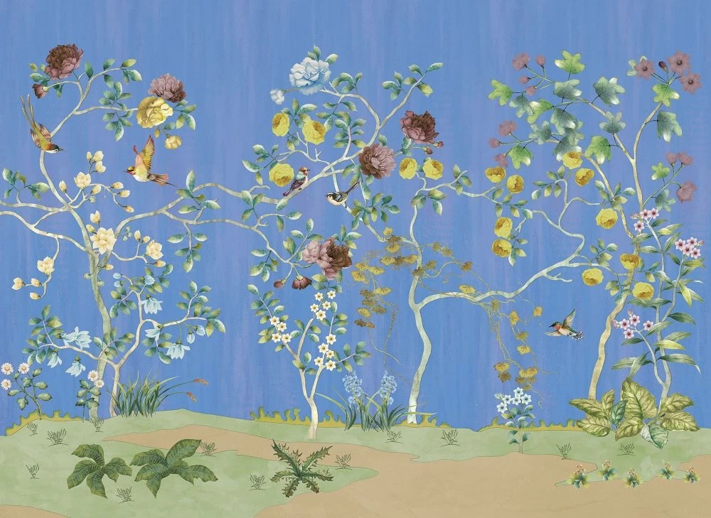 Фотообои и фрески на стену - шинуазри, сад, деревья, розы, птицы, на синем фоне