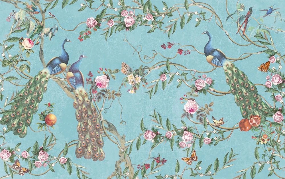 Фотообои на стену - шинуазри, сад, ветки, розы, павлины, на бирюзовом фоне