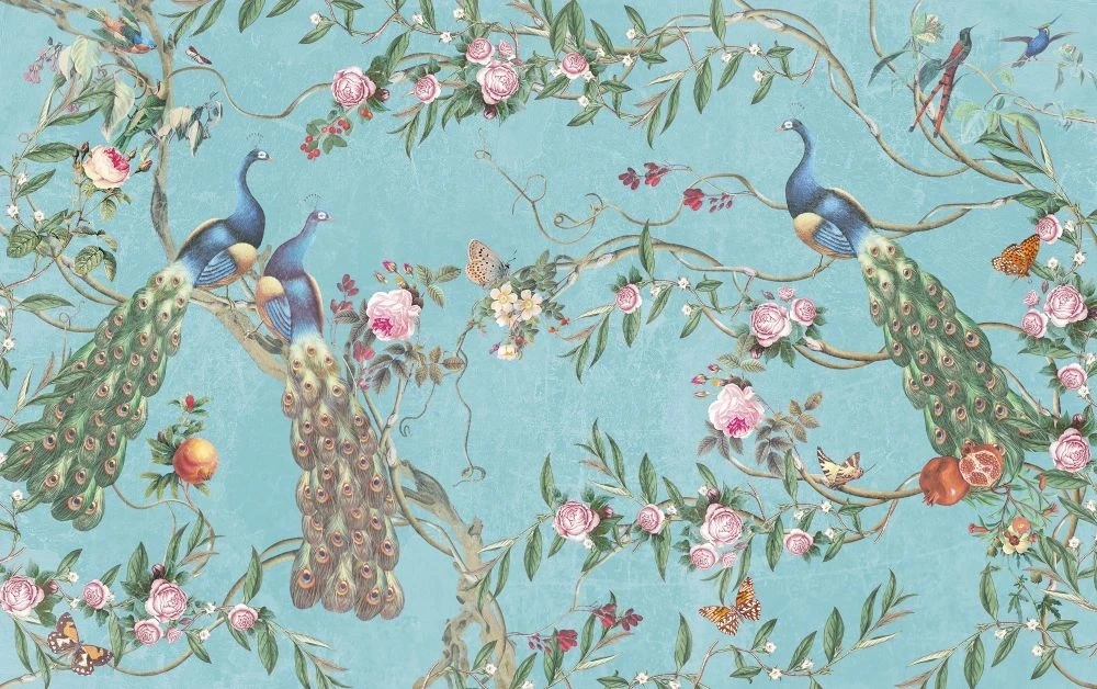 Фотообои на стену - шинуазри, сад, ветки, розы, павлины, на бирюзовом фоне