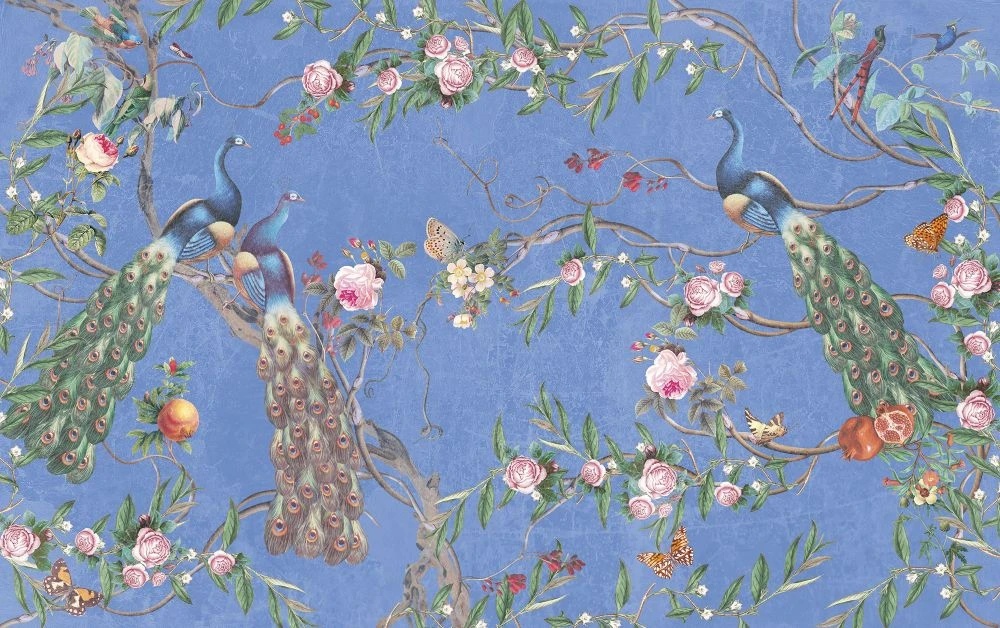 Фотообои на стену - шинуазри, сад, ветки, розы, павлины, на синем фоне