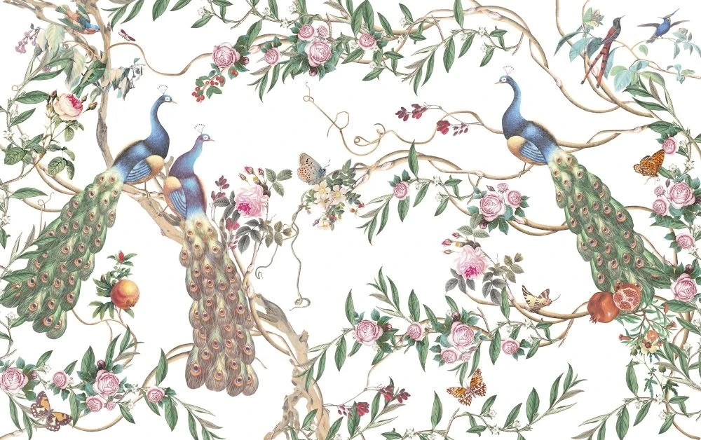 Фотообои на стену - шинуазри, сад, ветки, цветы, павлины, на белом фоне