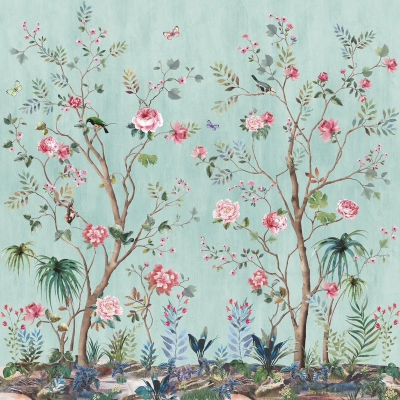 Фотообои и фрески на стену - шинуазри, сад, зеленая, деревья, розы, листья