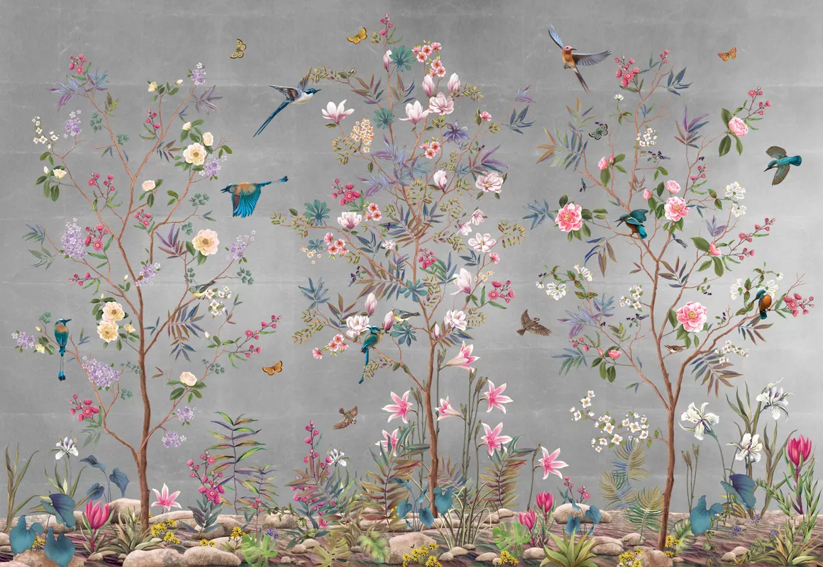 Фотообои и фрески на стену - пионы, бабочки, поталь, деревья, птицы