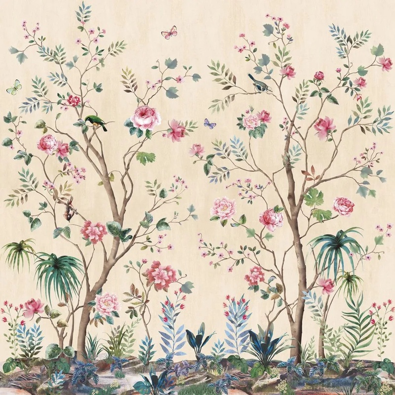 Фотообои и фрески на стену - шинуазри, сад, желтая, деревья, птицы, розы
