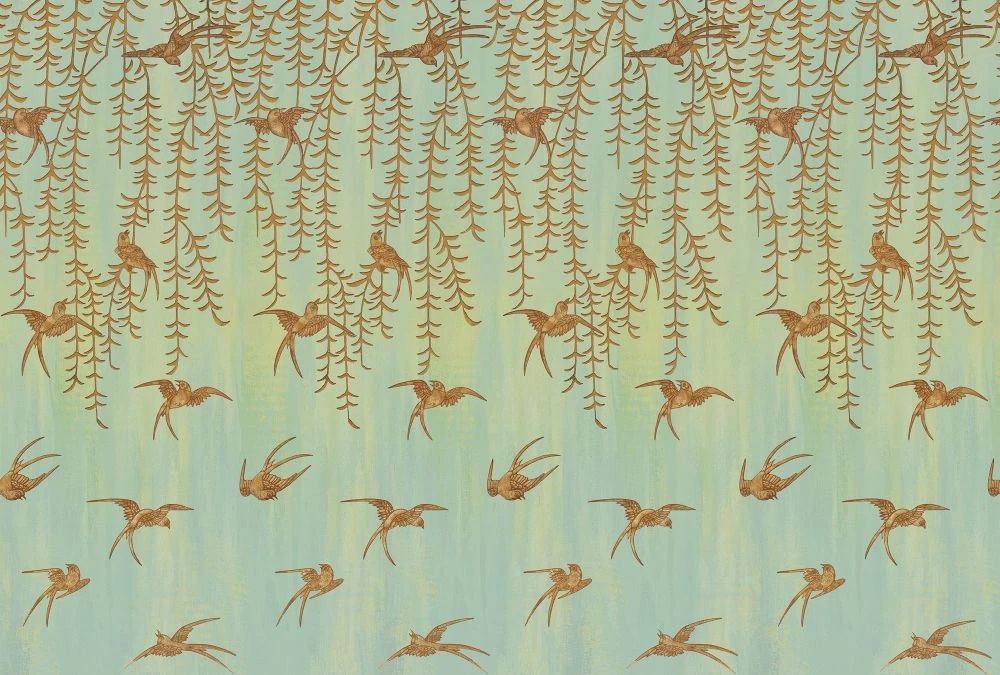 Фотообои и фрески на стену - шинуазри, свисающие листья, птицы, коричневые, на зеленом фоне