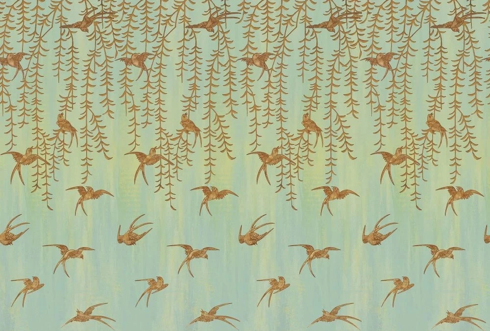 Фотообои на стену - шинуазри, свисающие листья, птицы, коричневые, на зеленом фоне