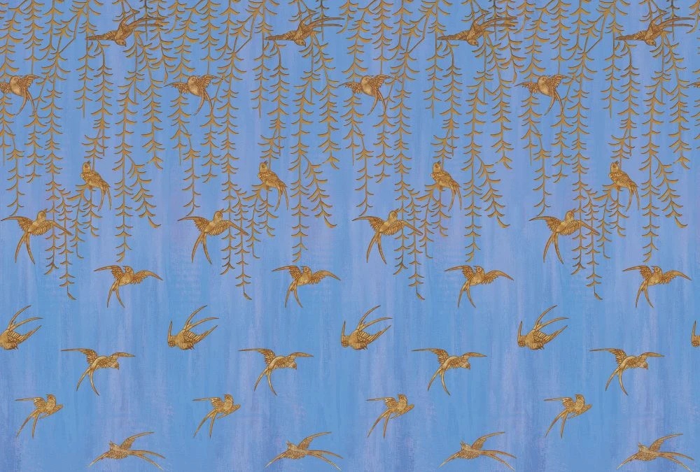 Фотообои и фрески на стену - шинуазри, свисающие листья, птицы, коричневые, на синем фоне