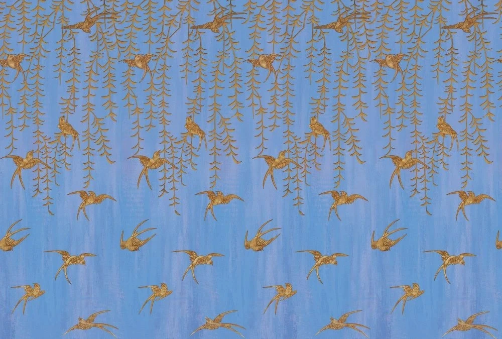 Фотообои и фрески на стену - шинуазри, свисающие листья, птицы, коричневые, на синем фоне