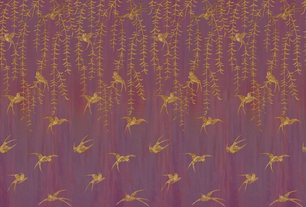 Фотообои и фрески на стену - шинуазри, свисающие листья, птицы, коричневые, на бордовом фоне