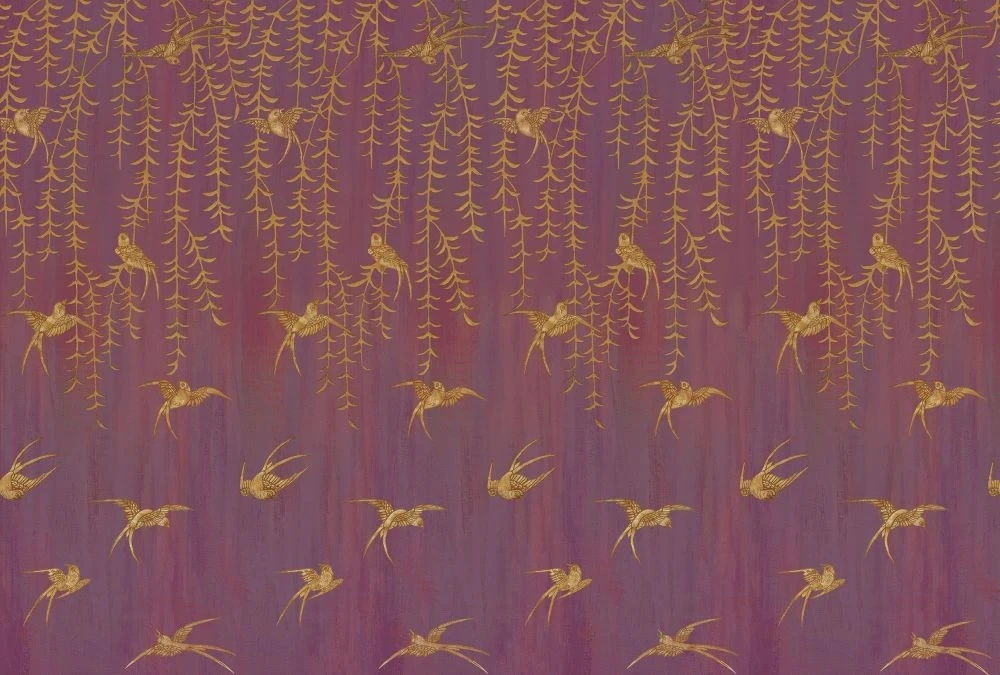 Фотообои и фрески на стену - шинуазри, свисающие листья, птицы, коричневые, на бордовом фоне