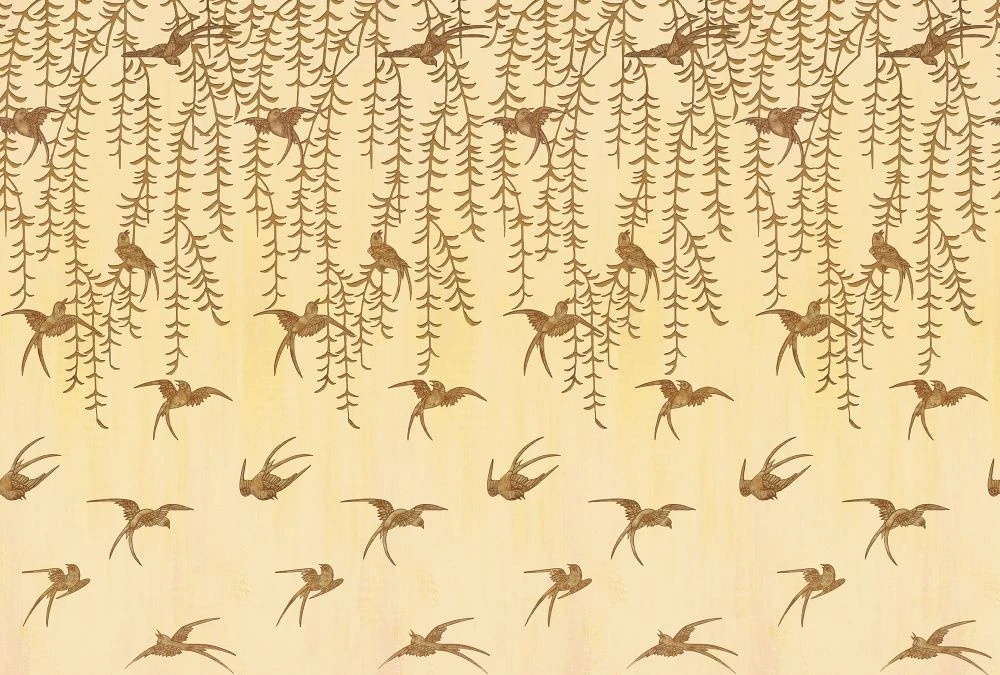 Фотообои и фрески на стену - шинуазри, свисающие листья, птицы, коричневые, на желтом фоне