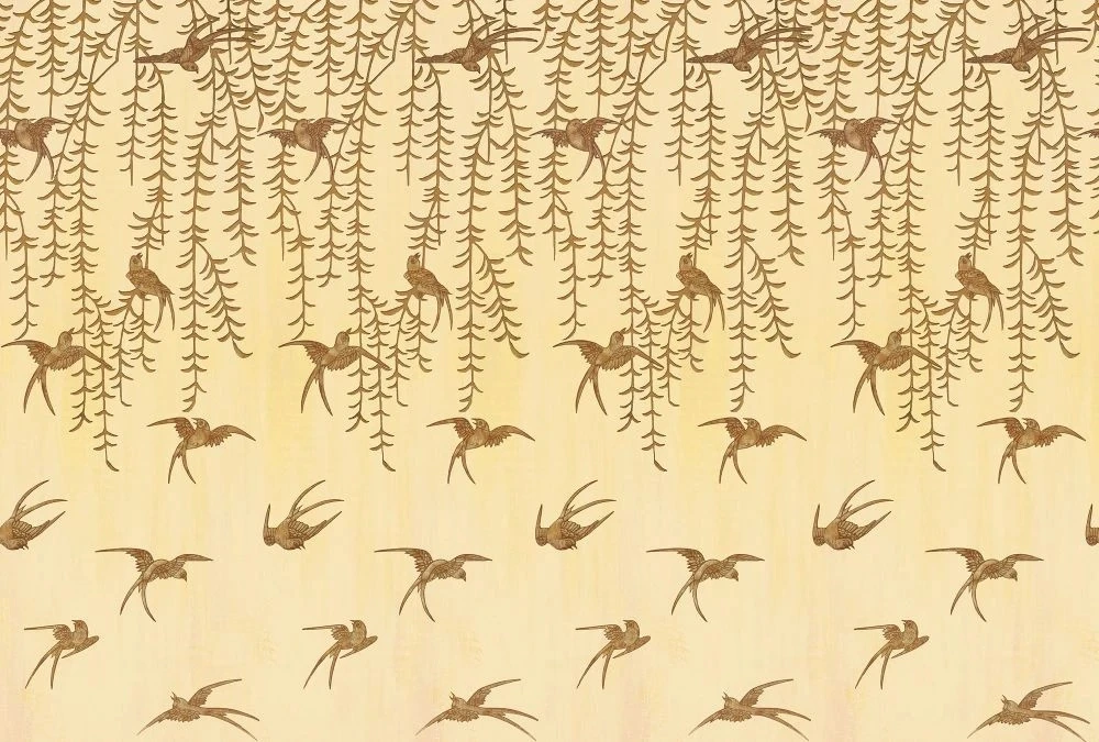 Фотообои и фрески на стену - шинуазри, свисающие листья, птицы, коричневые, на желтом фоне