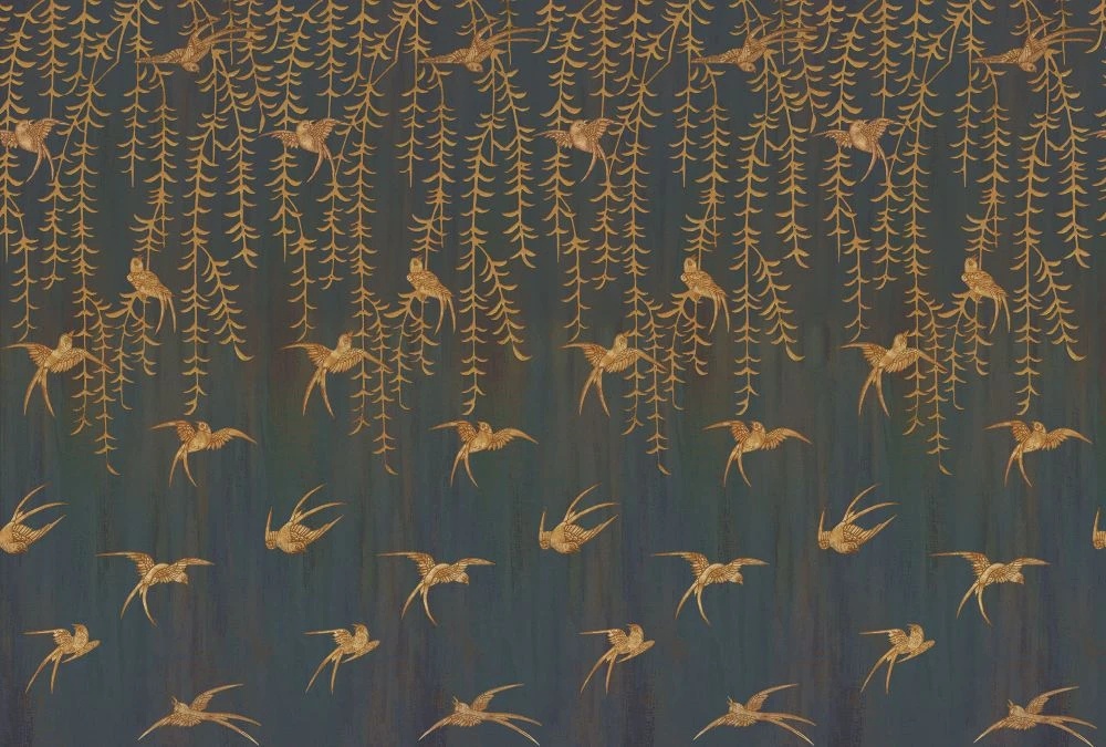 Фотообои и фрески на стену - шинуазри, свисающие листья, птицы, коричневые, на черном фоне