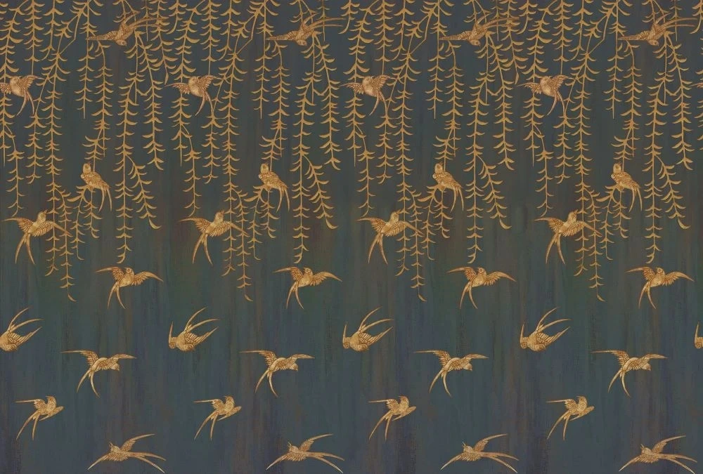 Фотообои на стену - шинуазри, свисающие листья, птицы, коричневые, на черном фоне