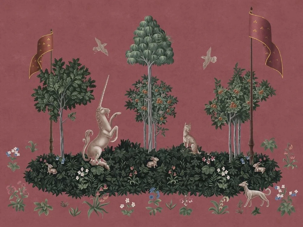 Фотообои и фрески на стену - в детскую комнату, гобелен, единорог, бордовые