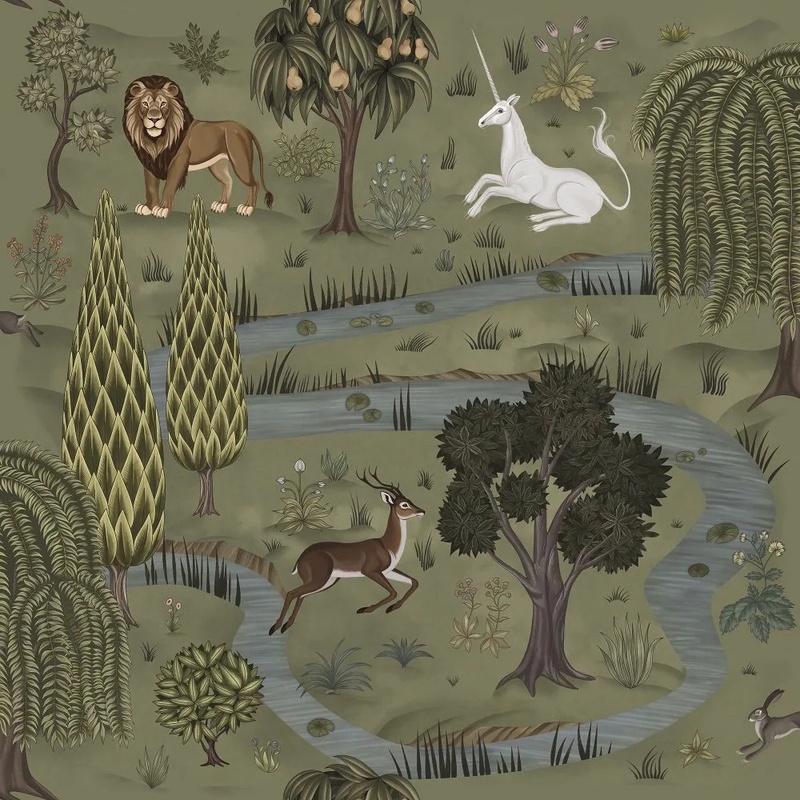 Фотообои на стену - в детскую комнату, гобелен, единорог, серо-зеленая