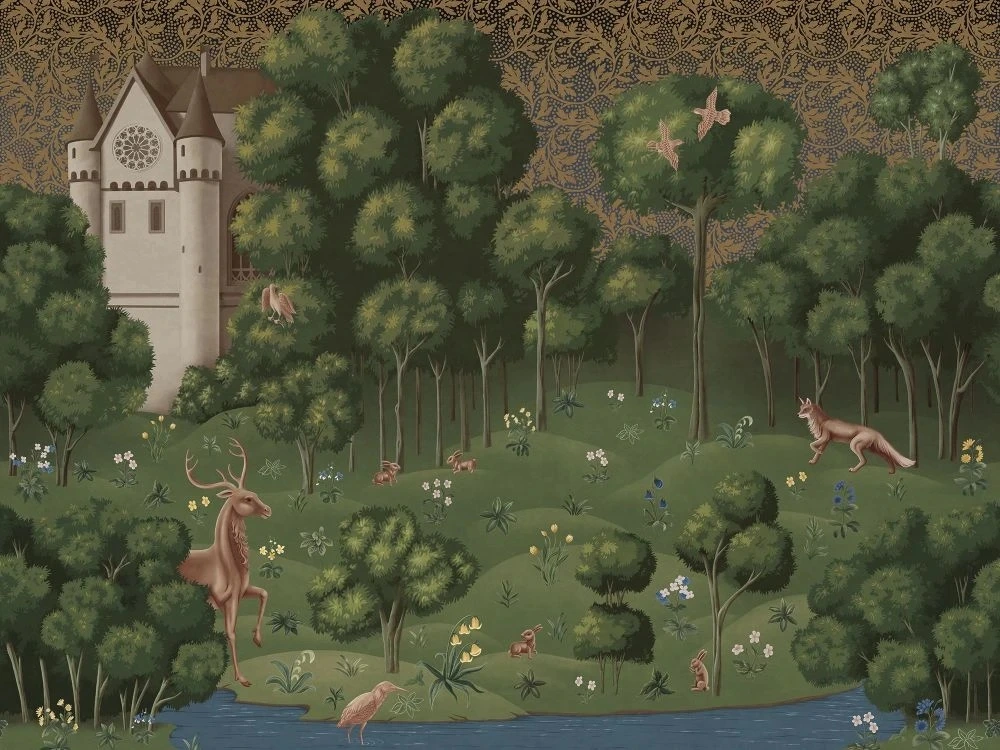 Фотообои и фрески на стену - в детскую комнату, гобелен, замок, олень, лиса, зеленая