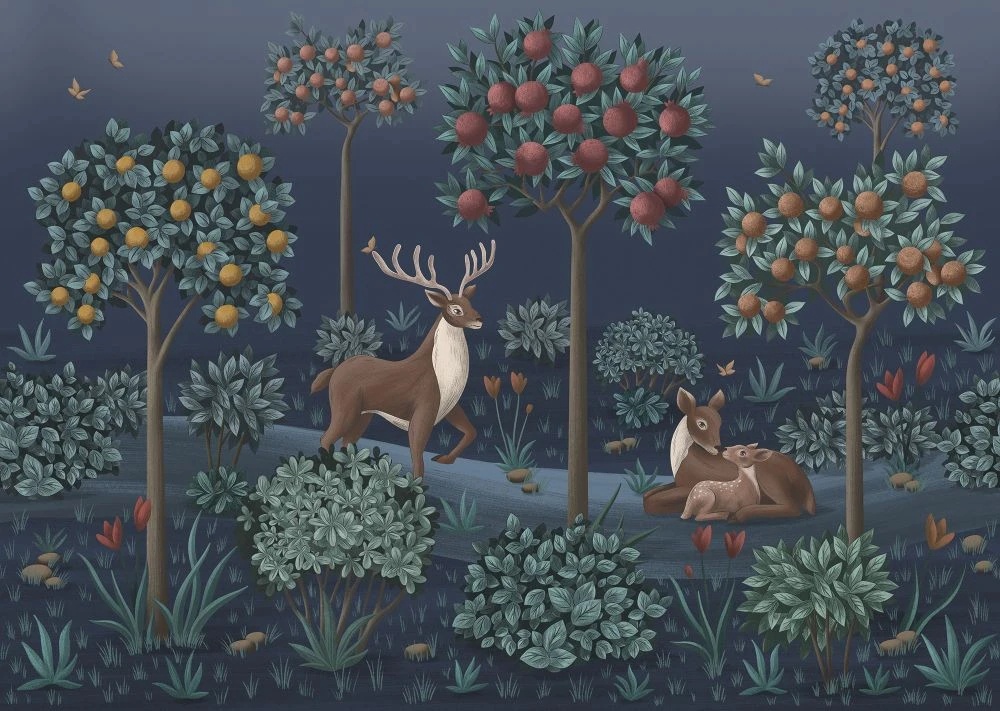 Фотообои на стену - в детскую комнату, гобелен, сад, олень, олененок, темно зеленая