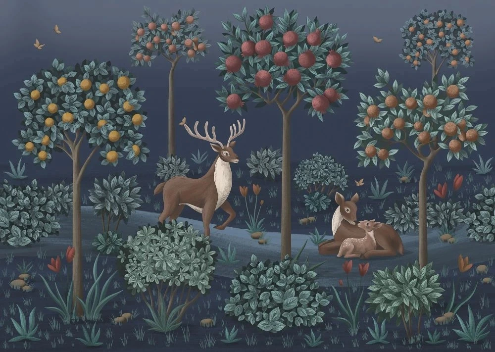 Фотообои и фрески на стену - в детскую комнату, гобелен, сад, олень, олененок, темно зеленая