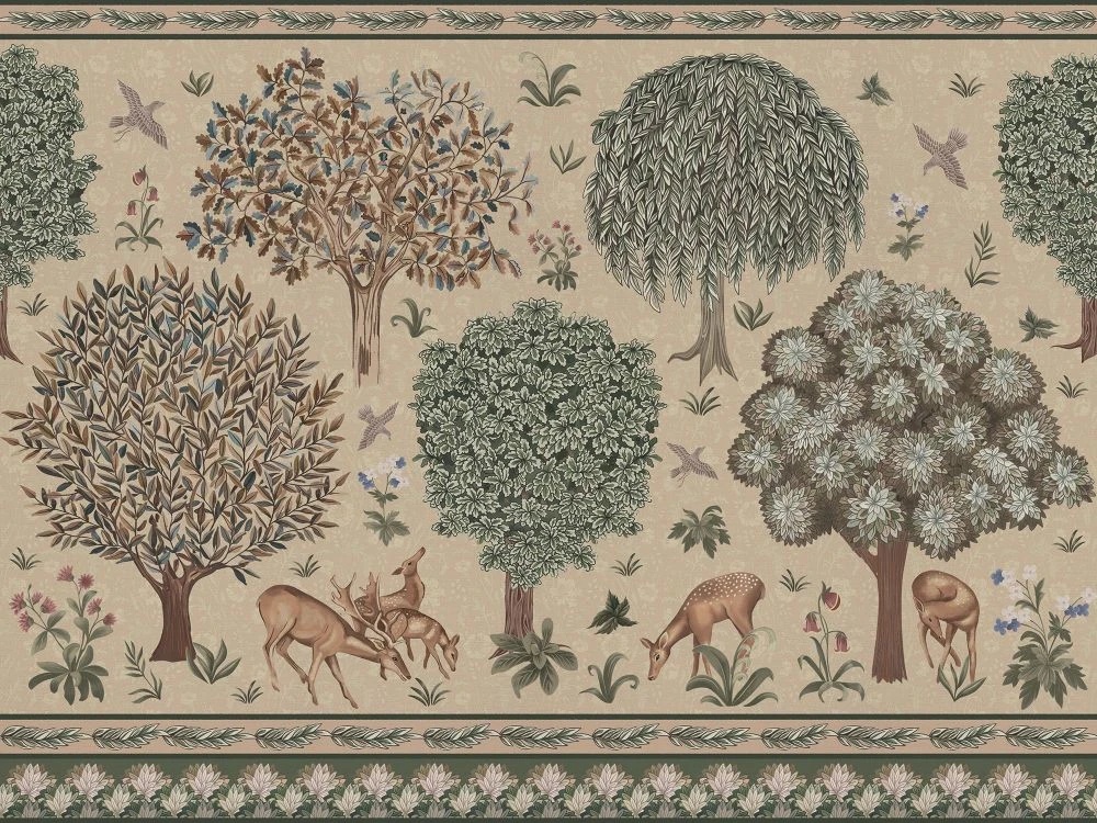 Фотообои на стену - в детскую комнату, гобелен, сад, бежевые, деревья, олени