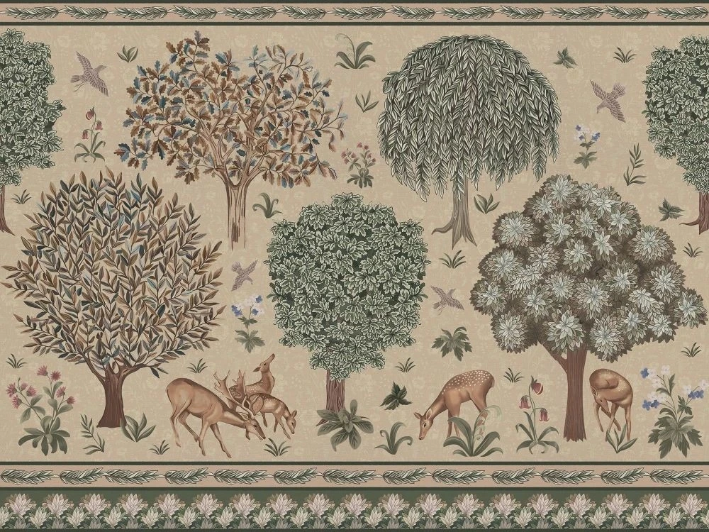 Фотообои на стену - в детскую комнату, гобелен, сад, бежевые, деревья, олени