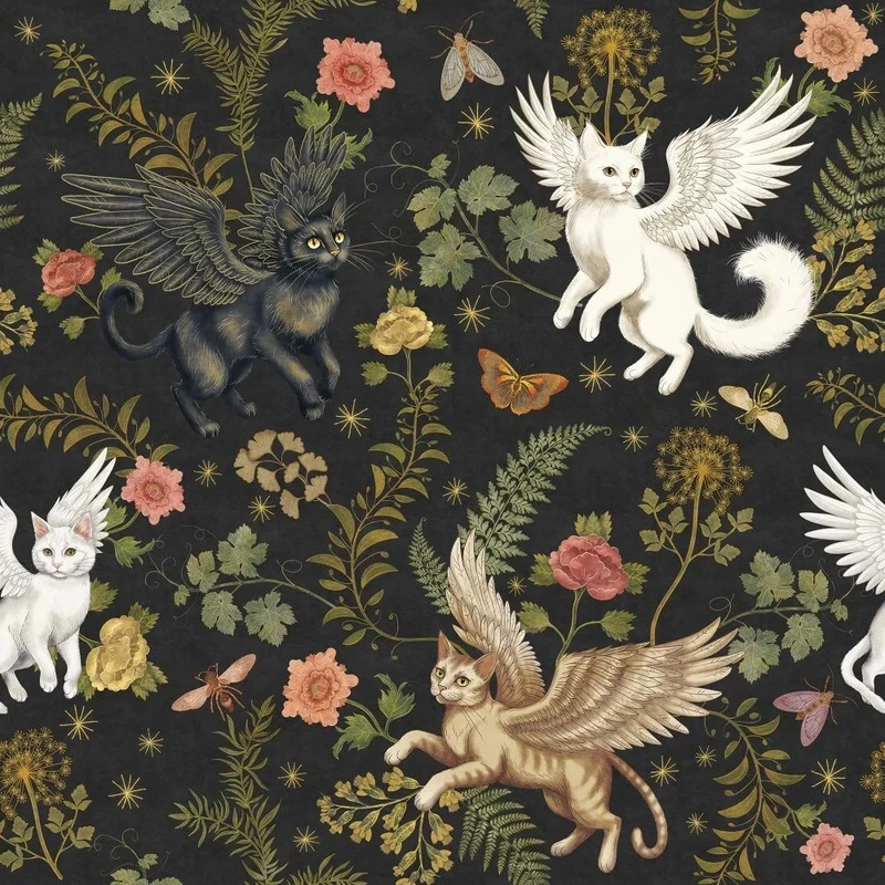 Фотообои и фрески на стену - в детскую комнату, гобелен, котики, цветы, на черном фоне