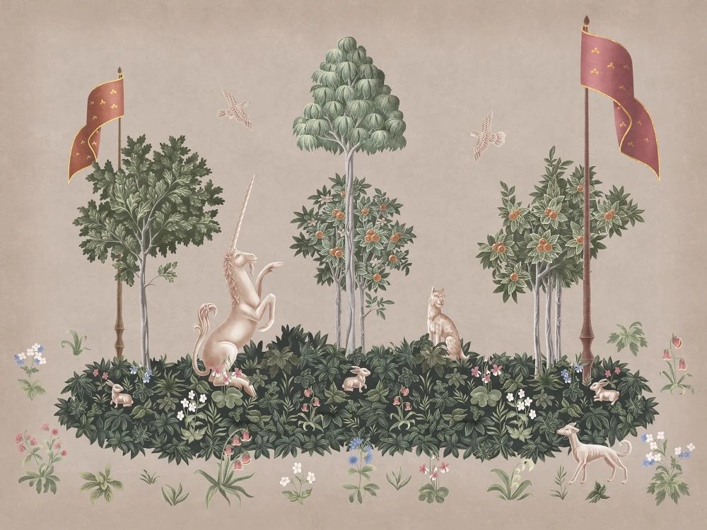 Фотообои на стену - в детскую комнату, гобелен, единорог, бежевые