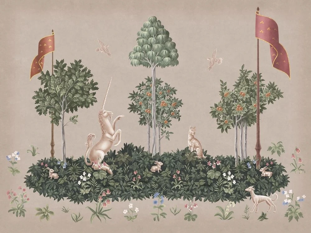 Фотообои и фрески на стену - в детскую комнату, гобелен, единорог, бежевые