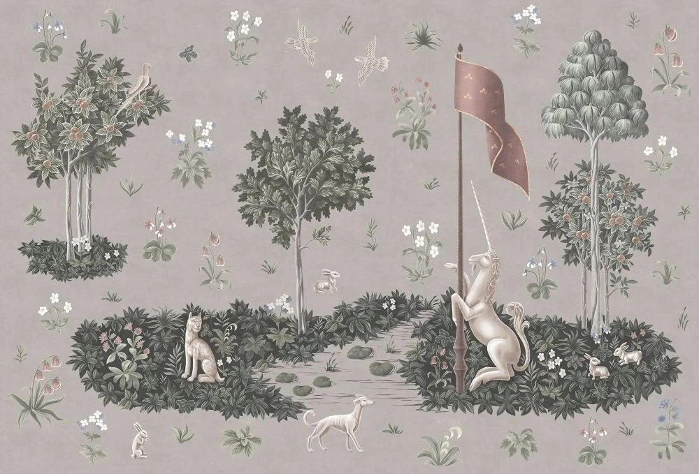 Фотообои и фрески на стену - в детскую комнату, гобелен, единорог, серо-бежевая