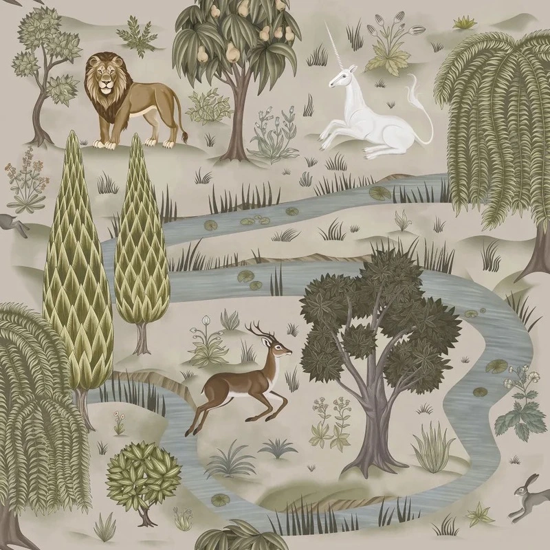 Фотообои и фрески на стену - в детскую комнату, гобелен, единорог, лев, косуля, бежевые