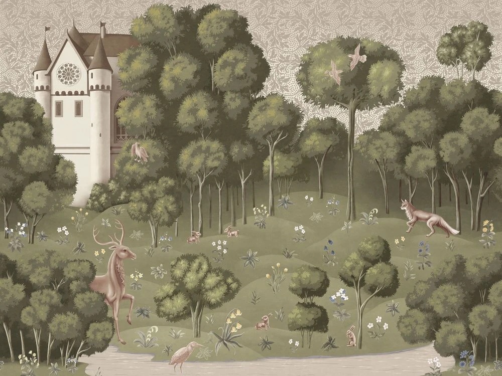 Фотообои на стену - в детскую комнату, гобелен, замок, олень, лиса, светло зеленая