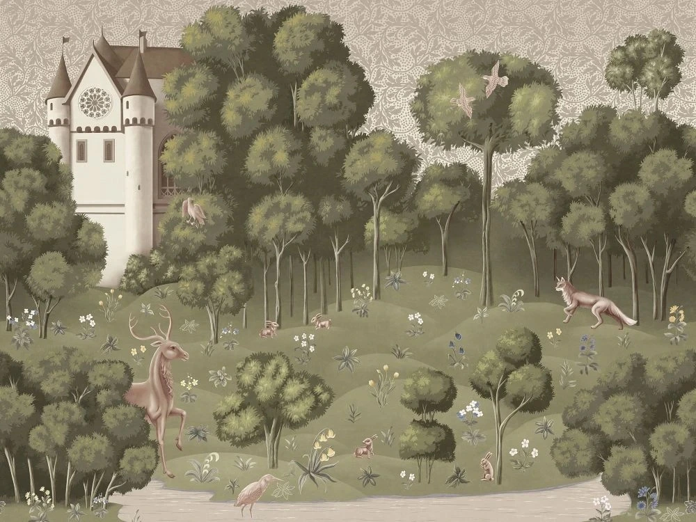 Фотообои на стену - в детскую комнату, гобелен, замок, олень, лиса, светло зеленая