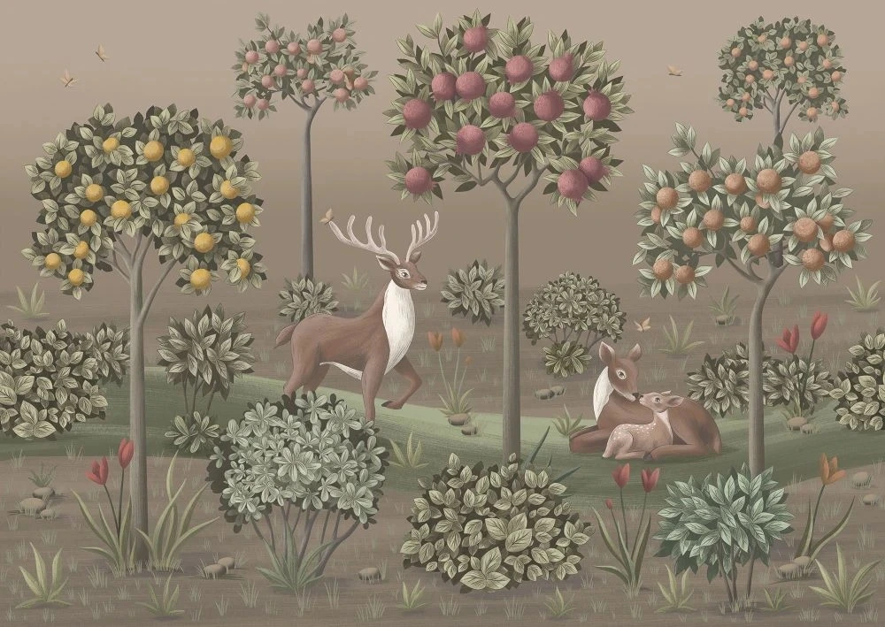 Фотообои и фрески на стену - в детскую комнату, гобелен, бежевые, олени, сад, яблони