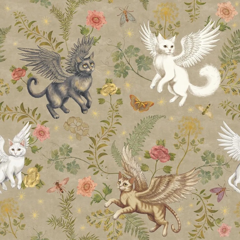 Фотообои на стену - в детскую комнату, гобелен, котики, бежевые, цветы