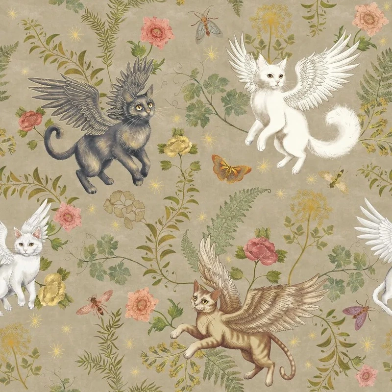 Фотообои и фрески на стену - в детскую комнату, гобелен, котики, бежевые, цветы