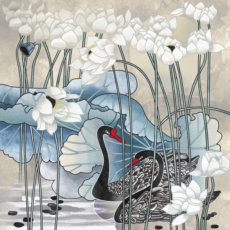 Фотообои и фрески на стену - в ванную комнату, графика, черные лебеди, лотосы, кувшинки