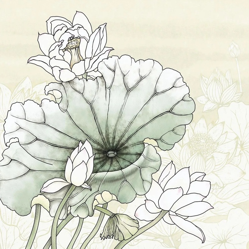 Фотообои и фрески на стену - в ванную комнату, графика, лотосы, светло зеленая, светло желтая