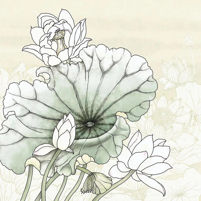 Фотообои и фрески на стену - в ванную комнату, графика, лотосы, светло зеленая, светло желтая