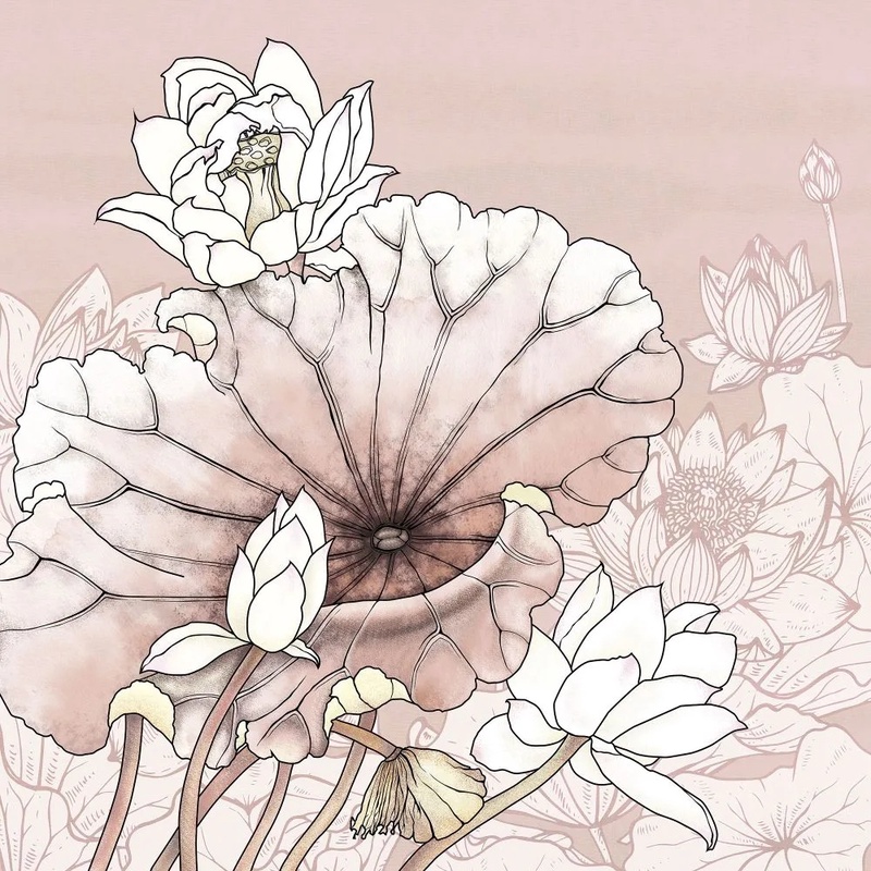 Фотообои и фрески на стену - в ванную комнату, графика, лотосы, бежево-розовая