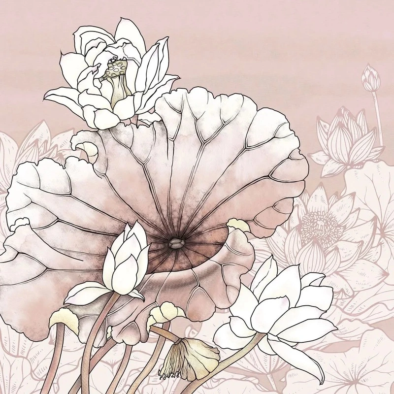 Фотообои на стену - в ванную комнату, графика, лотосы, бежево-розовая