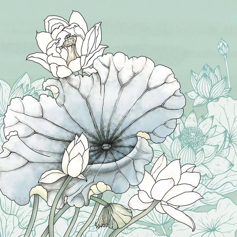 Фотообои и фрески на стену - в ванную комнату, графика, лотосы, салатовая, светло зеленая