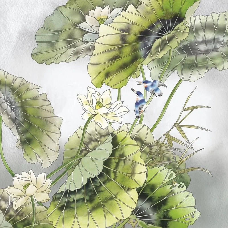 Фотообои и фрески на стену - в ванную комнату, графика, листья лотоса, лотосы, зеленая