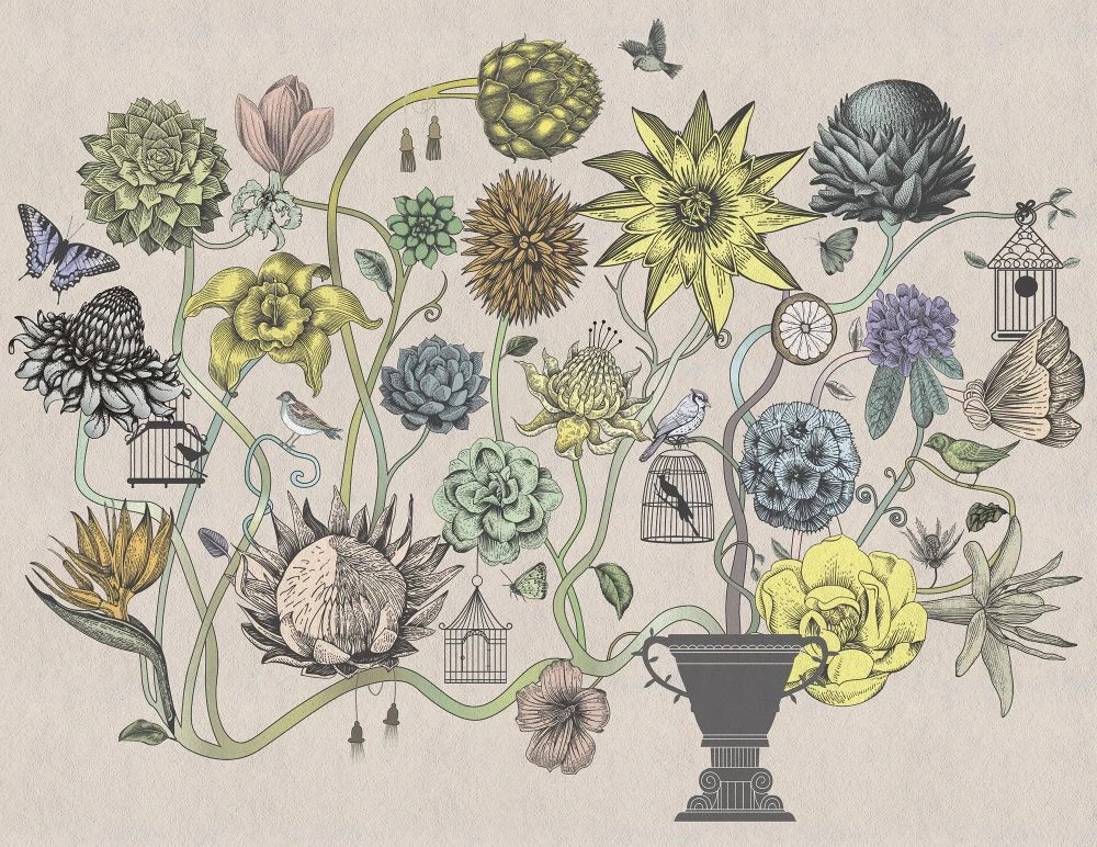 Фотообои и фрески на стену - в ванную комнату, графика, цветы, на бежевом фоне