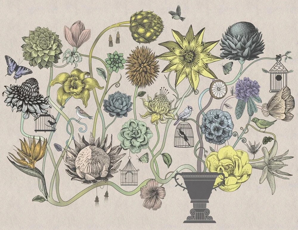 Фотообои и фрески на стену - в ванную комнату, графика, цветы, на бежевом фоне