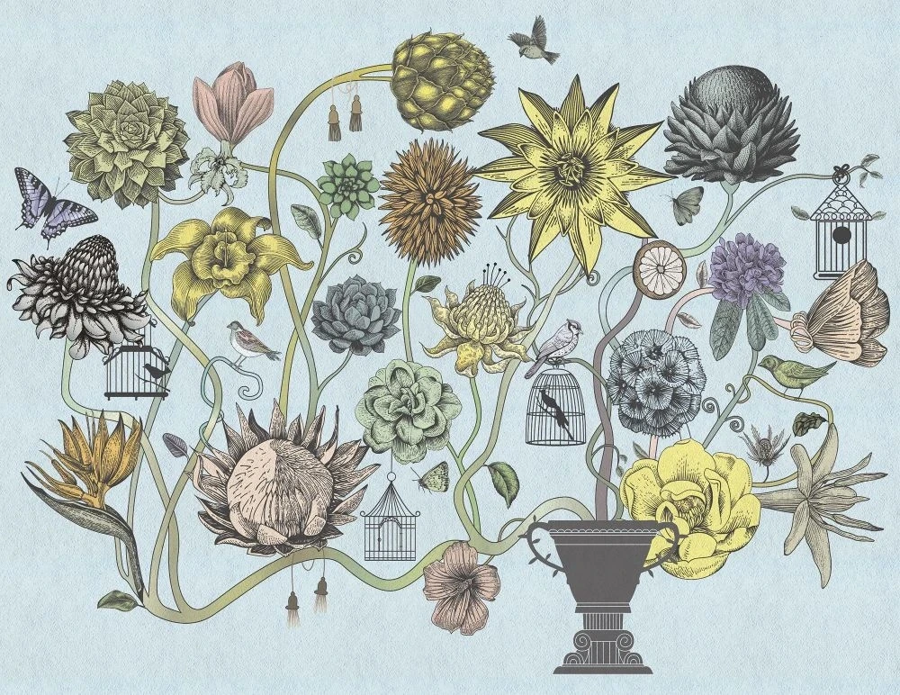 Фотообои и фрески на стену - в ванную комнату, графика, цветы, на голубом фоне