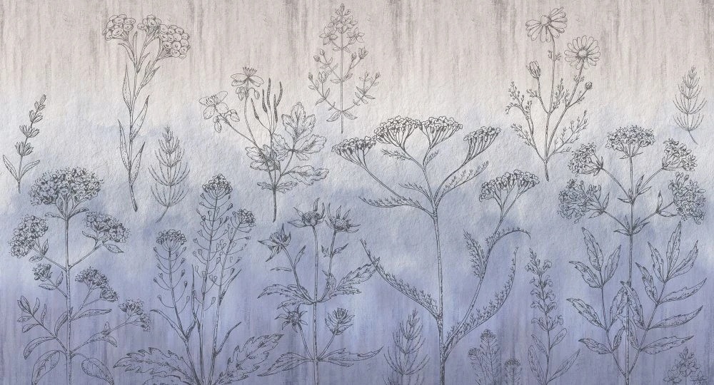 Фотообои и фрески на стену - в ванную комнату, графика, полевые цветы, бежево-голубая