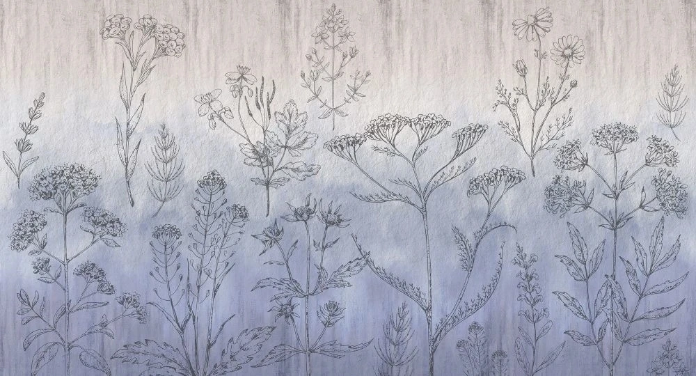 Фотообои и фрески на стену - в ванную комнату, графика, полевые цветы, бежево-голубая